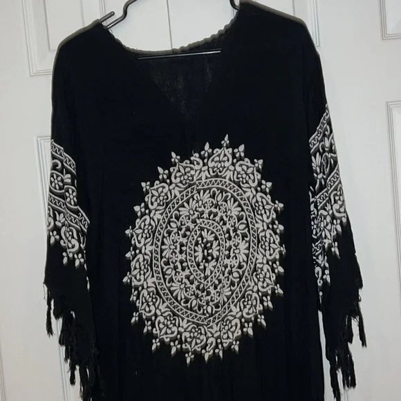 Vintage style Boho chic white black dress with fringe details Sz M - Picture 10 of 13